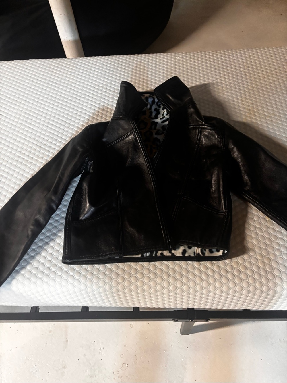 Black Leather Jacket with Leopard-Print Lining - Picture 4 of 4